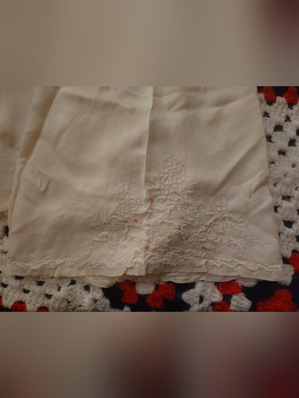 Antique Silk 1930's Cream Dead stock Tap Pants With Embroidery & Pink Rosettes
